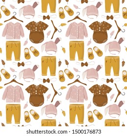 Seamless pattern of colorful autumn kids clothes, leaves in brown and pink colors.