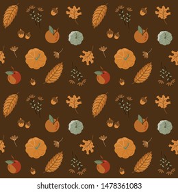 Seamless pattern of colorful autumn leaves, berries and pumpkin on brown background. 