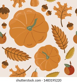 Seamless pattern of colorful autumn leaves, berries and pumpkin on brown background. 