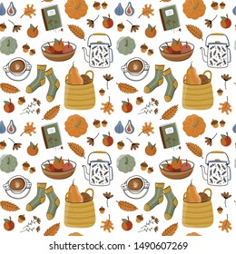 Seamless pattern of colorful autumn leaves, berries and pumpkin on brown background.