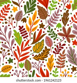 Seamless pattern with colorful autumn leaves and berries. Vector illustration.
