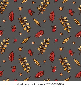 seamless pattern with colorful autumn leaves. vector illustration. Leaves and berries on grey background