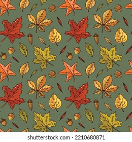 seamless pattern with colorful  autumn leaves. vector illustration. Leaves , berries and acorns on green background