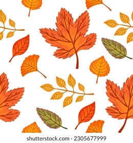 Seamless pattern of colorful autumn leaves vector illustration on white background