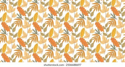 Seamless pattern with colorful autumn leaves. Falling autumn yellow and orange foliage background. Colorful natural seasonal print for textile, paper, fabric, packaging, autumn flyer design, leaflets