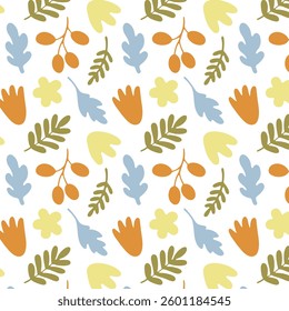 Seamless pattern with colorful autumn leaves and botanical elements. This vector illustration features simple, stylized designs in orange, yellow, and blue, perfect for seasonal decorations.