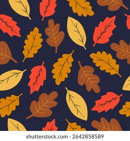 Seamless pattern with colorful autumn leaves on dark background. Autumn season flat design for wallpaper. Modern abstract textile for holiday card.