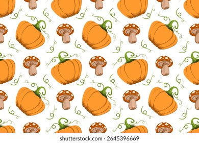 Seamless pattern with colorful autumn leaves, pumpkins and mushrooms in orange, yellow colors. Autumn atmosphere. Hand drawn vector illustration on white background.