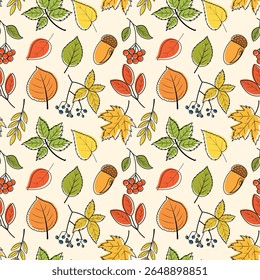 Seamless pattern with colorful autumn leaves and berries. Vector pattern of foliage, including maple, oak, birch, rowan, chestnut and acorns.