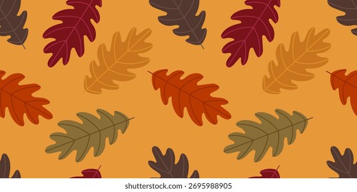 Padrão contínuo com folhas de outono coloridas em tons vermelhos, marrons e amarelos em um fundo quente. Concepção sazonal natural para decoração ou embalagem