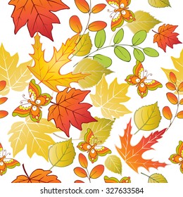 Seamless pattern with colorful autumn leaves and butterflies. Vector illustration.