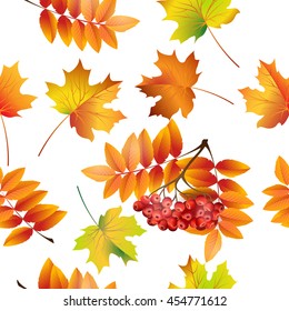 Seamless pattern with colorful autumn leaves and rowan berries  . Vector illustration.