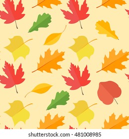 Seamless pattern with colorful autumn leaves on yellow background. Vector texture.