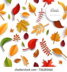 Seamless pattern with colorful autumn leaves made of paper and realistic shadows on white background