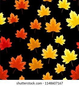 Seamless pattern of colorful autumn maple leaves decorated on a black background. Vector illustration.