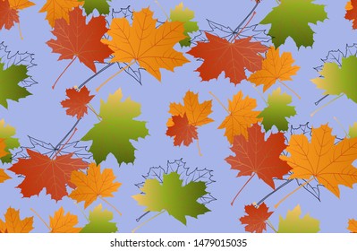 Seamless pattern. Colorful autumn maple leaves on a pale blue background.