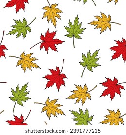 Patrón sin foco con hojas de arce rojas, amarillas y verdes de otoño coloridas. Ilustración del vector
