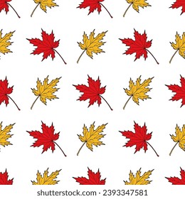 Patrón sin foco con hojas de arce rojas, amarillas y verdes de otoño coloridas. Ilustración del vector