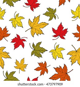 Seamless pattern with colorful autumn red, orange, yellow, green maple leaves. Vector illustration, isolated on white background
