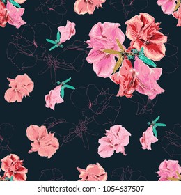 Seamless pattern Colorful Azalea flowers and leaves on isolated Dark greenbacground.Vector illustration drawing.