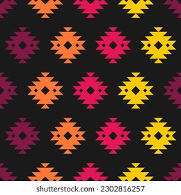 Seamless pattern with colorful aztec design and black background