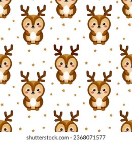 Seamless pattern, colorful baby deer on a background with stars. Cartoon print, textile, wallpaper, kids bedroom decor.	