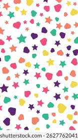 Seamless pattern colorful background. little white stars and hearts. vector texture. trend print for textiles and wallpaper.