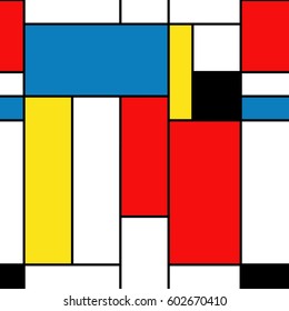  Patrón sin problemas.Fondo colorido de estilo mondriano. Fondo abstracto de los rectángulos de color. Ilustración vectorial.