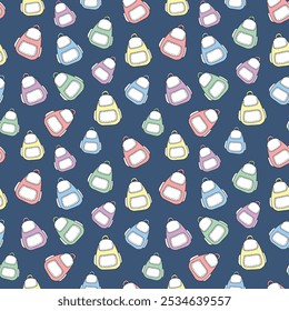Seamless pattern with colorful backpacks isolated on dark blue background. Concept of school accessories, student gear, travel, tourism. Modern design element for textiles, wrapping paper, stationery
