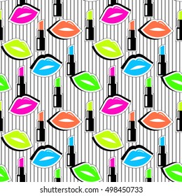 Seamless pattern with colorful badge shape lips and lipstick on black striped background. Vector illustration with lips stickers in cartoon 80s-90s comic style.