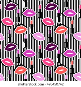 Seamless pattern with colorful badge shape lips and lipstick on black striped background. Vector illustration with lips stickers in cartoon 80s-90s comic style.
