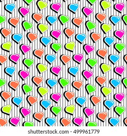 Seamless pattern with colorful badge shape hearts on black striped background. Vector illustration with heart stickers in 80s-90s comic style. Pop art style repeating texture with colorful hearts.