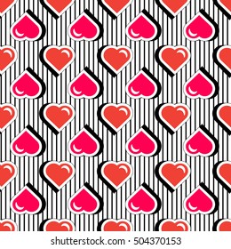Seamless pattern with colorful badge shape hearts on black striped background. Vector illustration with heart stickers in cartoon 80s-90s comic style. Pop art stile repeating texture with red hearts.