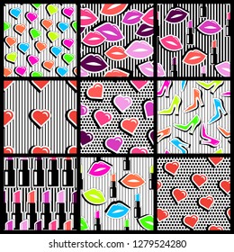Seamless pattern with colorful badge shapes on black striped and dotted background. Pop art stile repeating texture with red hearts, lips, heel shoes and lip sticks.