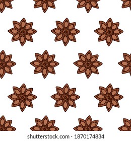 Seamless pattern of colorful badian on a white. Christmas, New Year theme. Hand drawn holiday winter clipart. Spice for mulled wine and eggnog. Vector background for fabric, textile, gift wrapping.