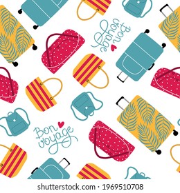 Seamless pattern of colorful bags and suitcases. Bon voyage - Have a nice trip. Flat illustration on white background