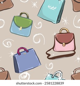 Seamless pattern with colorful bags. Vector, isolated, hand drawn.