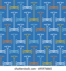 Seamless pattern with colorful balancing scooters in line art style on blue background