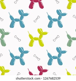 Seamless pattern with colorful balloon dogs and bones on the white background. Vector illustration