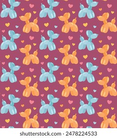 Seamless pattern with colorful balloon dogs and hearts. Vector backdrop in flat style.	