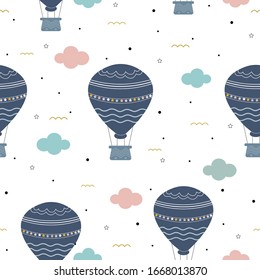 Seamless pattern, colorful balloons background floating in the sky and clouds with Patel color. Design concept used for Printing, textiles, children's clothing patterns, gift wrap. Vector illustration