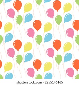 Seamless pattern with colorful balloons in cartoon flat style. Vector texture of birthday or party decoration, flying balloon with rope on white background.