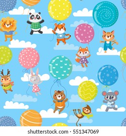 Seamless pattern with colorful balloons and cute animals. Vector illustration.