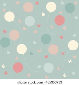 Seamless pattern with colorful balloons and hearts isolated on light blue background can be used for wallpapers, surface textures, textile,linen, kids cloth, pattern fills and more designs. 