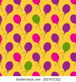 Seamless pattern with colorful balloons on yellow background. Design for fabric and paper, surface textures.