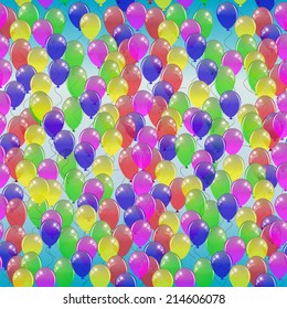 Seamless pattern of colorful balloons on a blue sky background. Vector illustration.