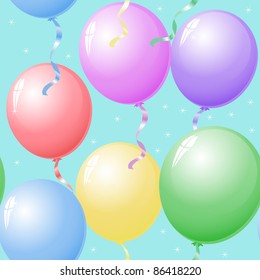 seamless pattern with colorful balloons on blue background with sparkles