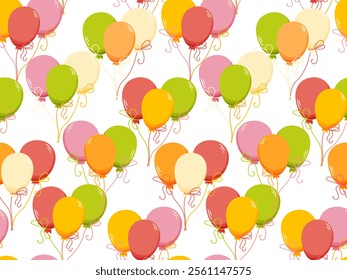 Seamless pattern of colorful balloons in orange, pink, green, and yellow tones. Ideal for wrapping paper, digital backgrounds, party invitations, or festive decoration designs