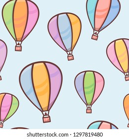 Seamless pattern with colorful balloons with outline in the sky, naive and simple background, vector illustration for children