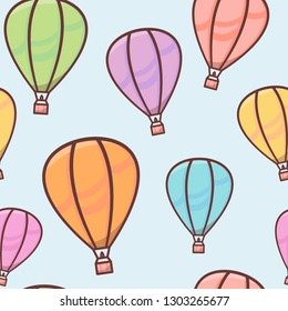 Seamless pattern with colorful balloons with outline in the sky, naive and simple background, cute vector illustration for children